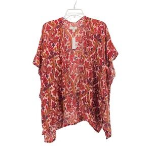 LOFT Womens Paisley Kimono Red Orange Open Oversized XS/S Boho Festival Spring